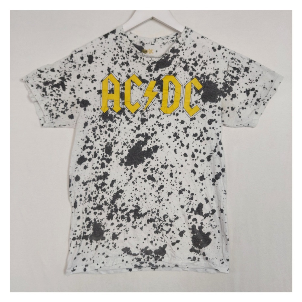 AC/DC Graphic T-Shirt White Black Splatter Paint Effect Yellow Logo Small